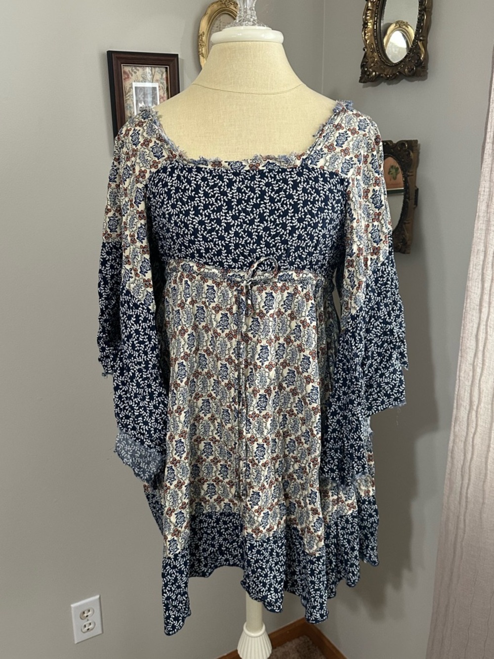 Anama Navy and Cream Floral Long-Sleeve Boho Dress